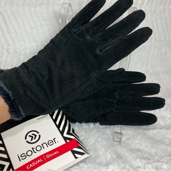 Isotoner Black Suede Casual Gloves Faux Fur Lined NEW - Picture 1 of 5